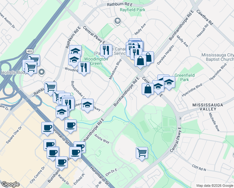 map of restaurants, bars, coffee shops, grocery stores, and more near in Mississauga