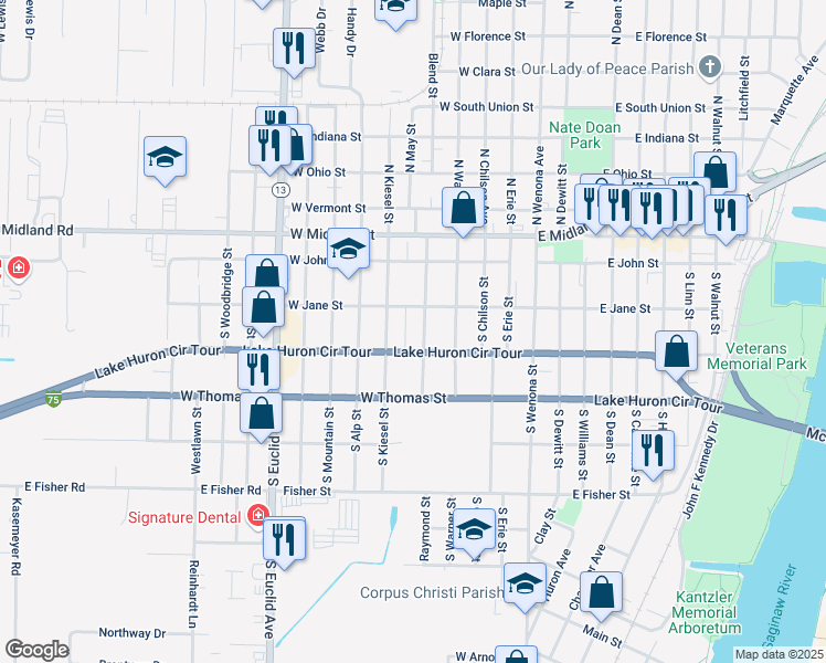 map of restaurants, bars, coffee shops, grocery stores, and more near 312 Raymond Street in Bay City