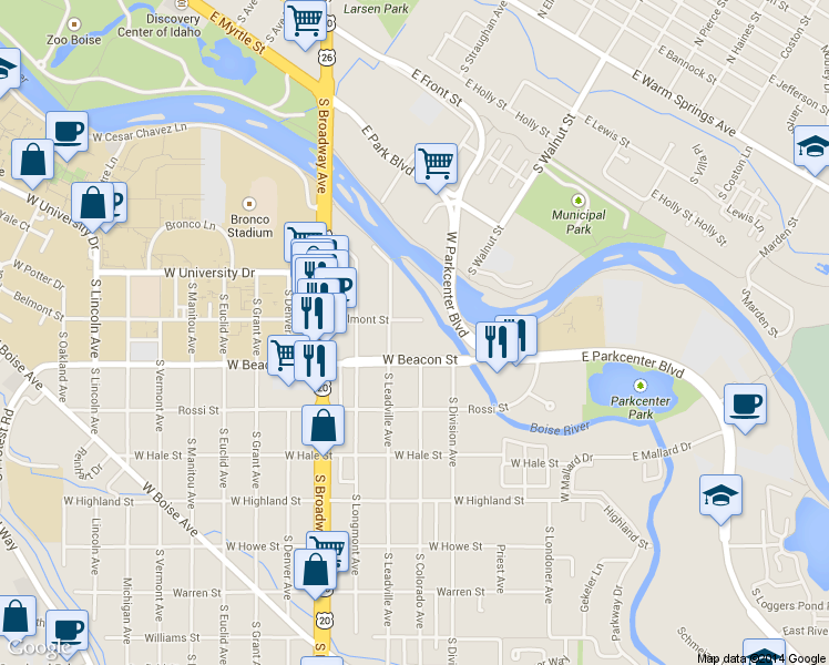 map of restaurants, bars, coffee shops, grocery stores, and more near 1140 Colorado Lane in Boise