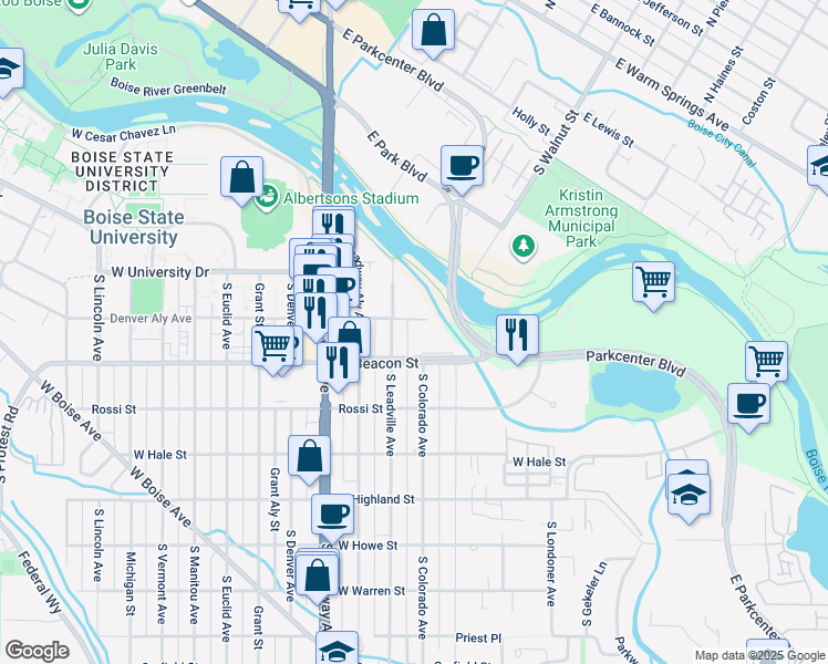 map of restaurants, bars, coffee shops, grocery stores, and more near 1161 South Colorado Avenue in Boise