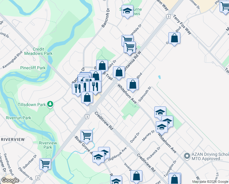 map of restaurants, bars, coffee shops, grocery stores, and more near in Mississauga