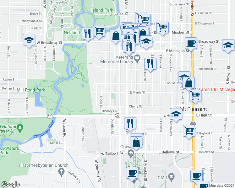 map of restaurants, bars, coffee shops, grocery stores, and more near 617 South Pine Street in Mount Pleasant