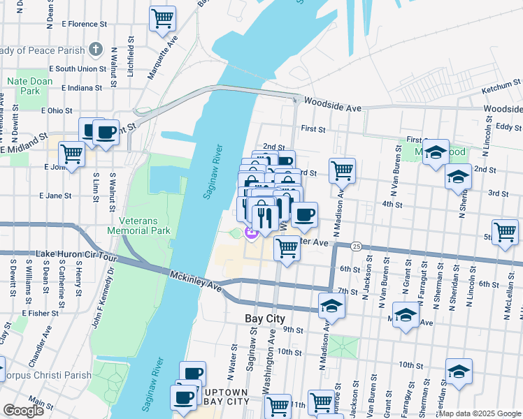 map of restaurants, bars, coffee shops, grocery stores, and more near 901 Saginaw Street in Bay City