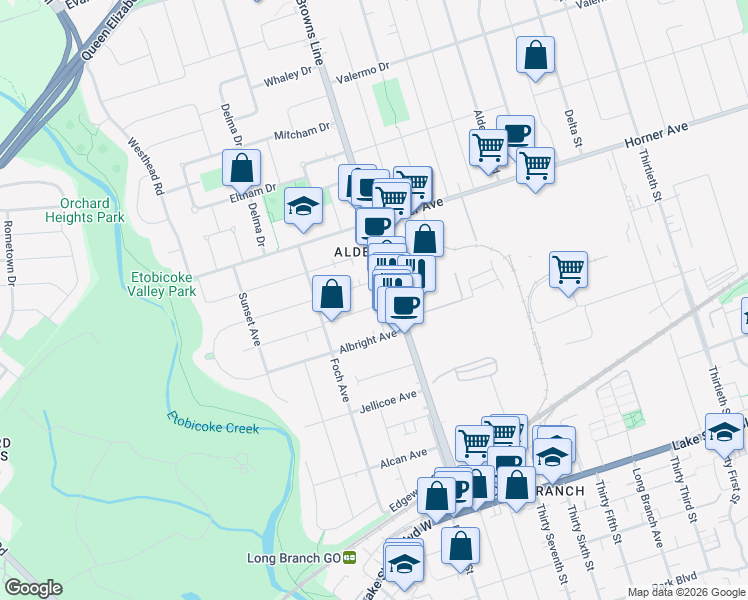 map of restaurants, bars, coffee shops, grocery stores, and more near 256 Browns Line in Toronto