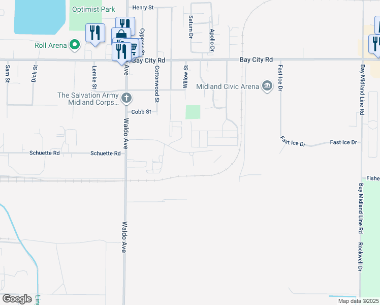 map of restaurants, bars, coffee shops, grocery stores, and more near 3600 Centennial Drive in Midland