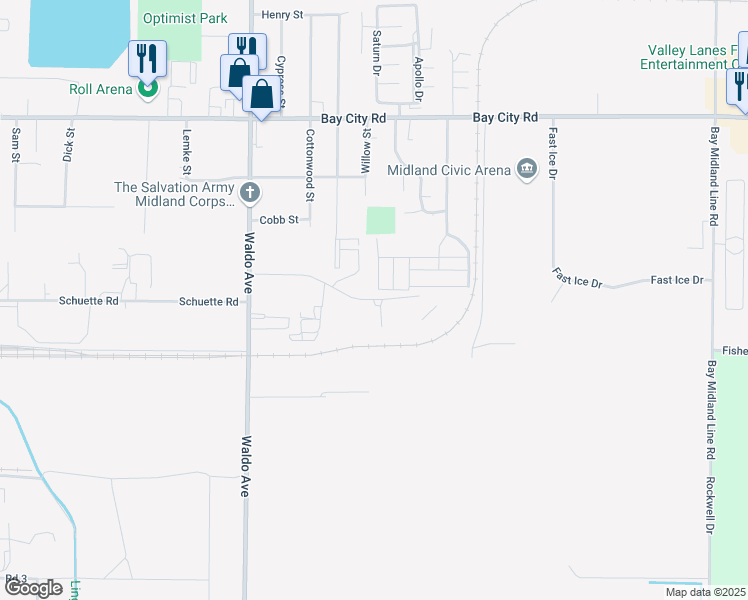 map of restaurants, bars, coffee shops, grocery stores, and more near 3600 Centennial Drive in Midland
