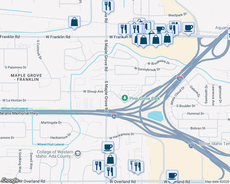 map of restaurants, bars, coffee shops, grocery stores, and more near 659 South Blue Pine Lane in Boise