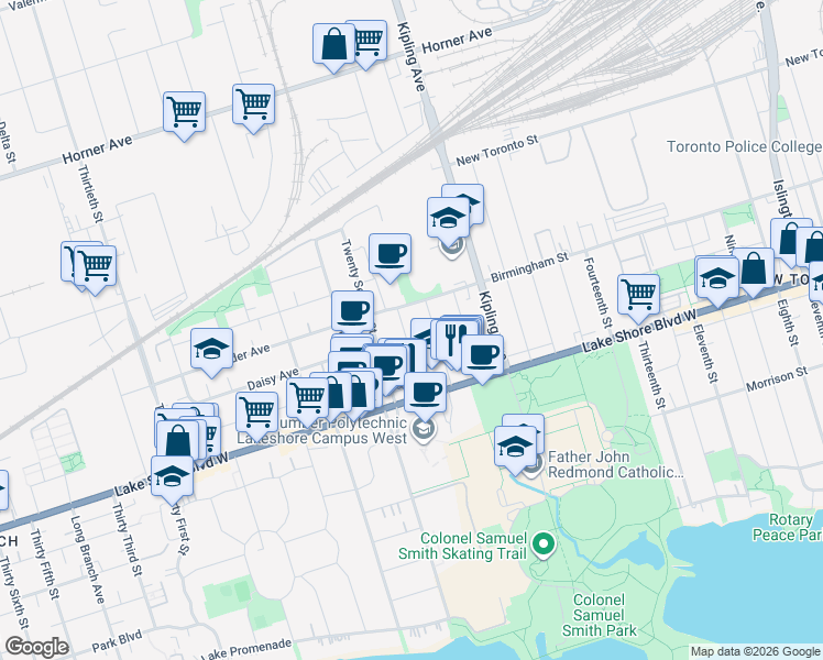 map of restaurants, bars, coffee shops, grocery stores, and more near 45 Twenty First Street in Toronto