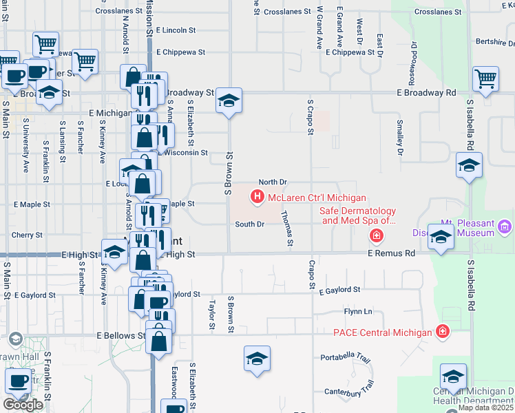 map of restaurants, bars, coffee shops, grocery stores, and more near 1221 South Drive in Mount Pleasant