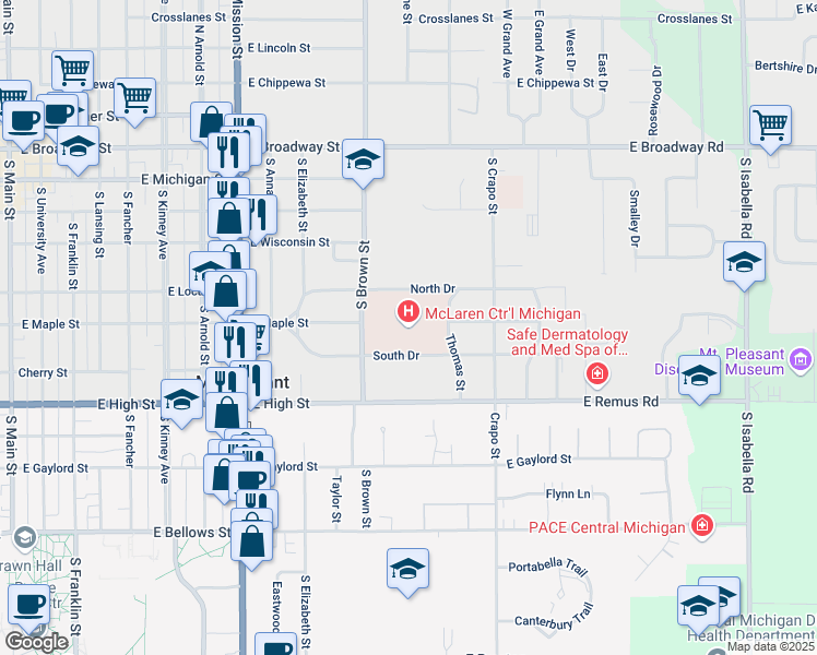 map of restaurants, bars, coffee shops, grocery stores, and more near 1221 South Drive in Mount Pleasant