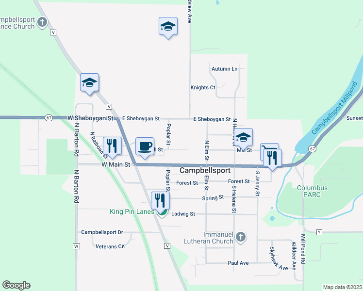 map of restaurants, bars, coffee shops, grocery stores, and more near 264 Mill Street in Campbellsport