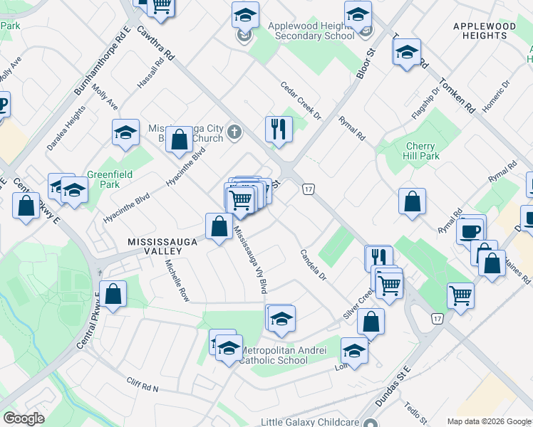 map of restaurants, bars, coffee shops, grocery stores, and more near 3345 Silverado Drive in Mississauga