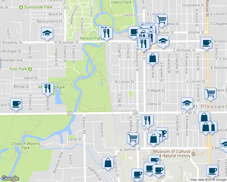 map of restaurants, bars, coffee shops, grocery stores, and more near 423 West Maple Street in Mount Pleasant