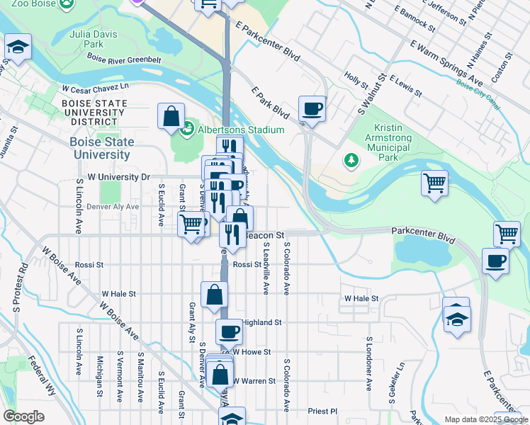 map of restaurants, bars, coffee shops, grocery stores, and more near 1119 South Leadville Avenue in Boise