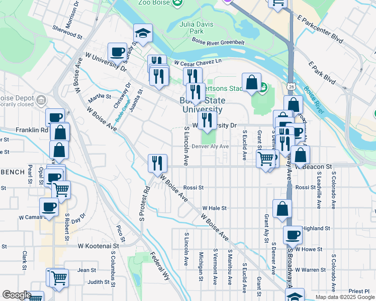map of restaurants, bars, coffee shops, grocery stores, and more near 1114 South Lincoln Avenue in Boise