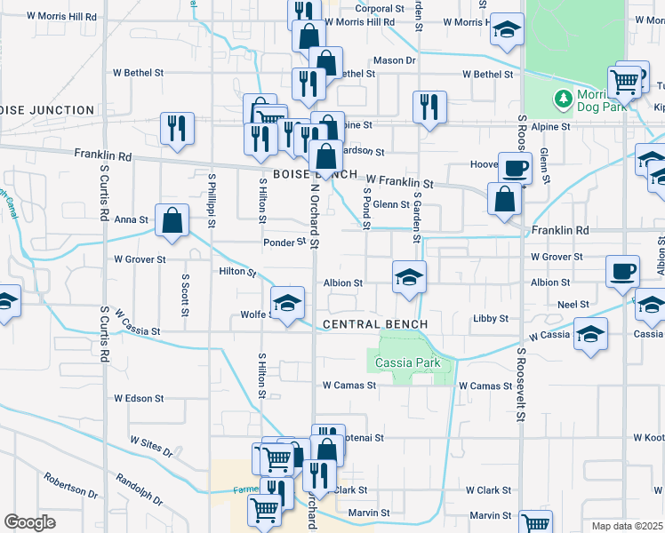 map of restaurants, bars, coffee shops, grocery stores, and more near 4902 Albion Street in Boise