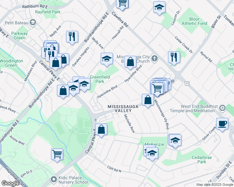 map of restaurants, bars, coffee shops, grocery stores, and more near in Mississauga