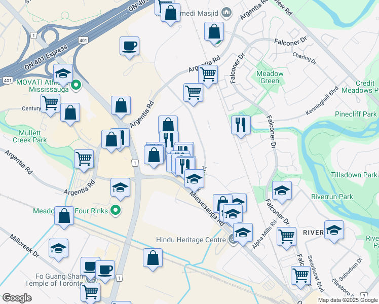 map of restaurants, bars, coffee shops, grocery stores, and more near 6500 Kitimat Road in Mississauga