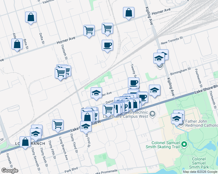map of restaurants, bars, coffee shops, grocery stores, and more near 33 Laburnham Avenue in Toronto