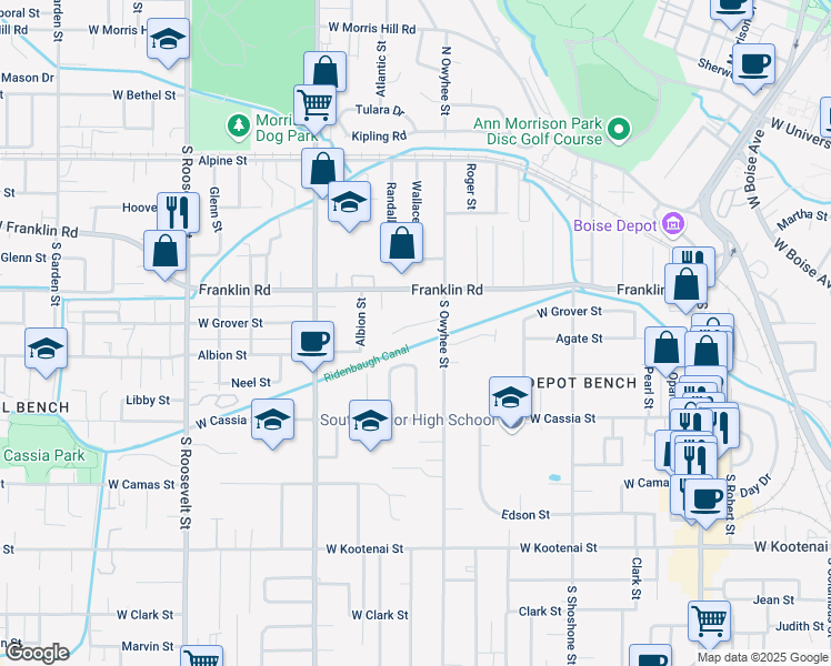 map of restaurants, bars, coffee shops, grocery stores, and more near 3514 Windsor Drive in Boise