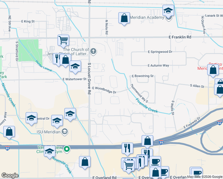 map of restaurants, bars, coffee shops, grocery stores, and more near 1846 East Pratt Street in Meridian