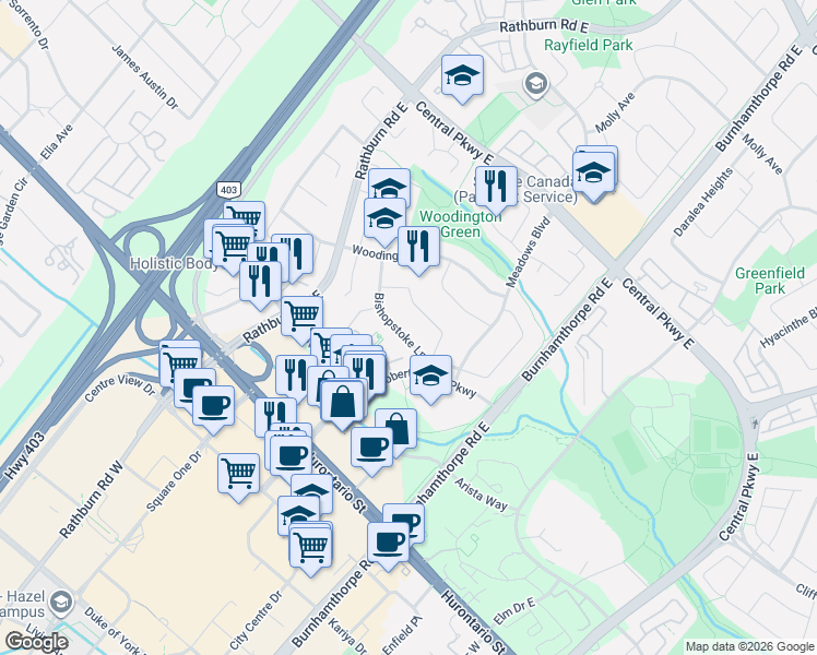 map of restaurants, bars, coffee shops, grocery stores, and more near 4125 Bishopstoke Lane in Mississauga