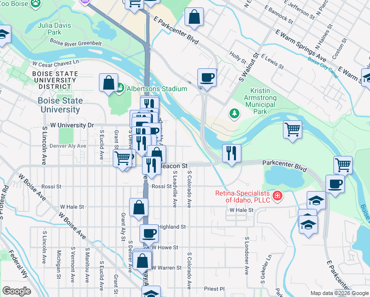 map of restaurants, bars, coffee shops, grocery stores, and more near 1161 South Colorado Avenue in Boise