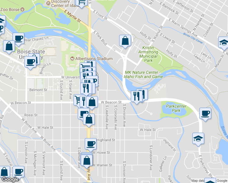 map of restaurants, bars, coffee shops, grocery stores, and more near 1161 South Colorado Avenue in Boise