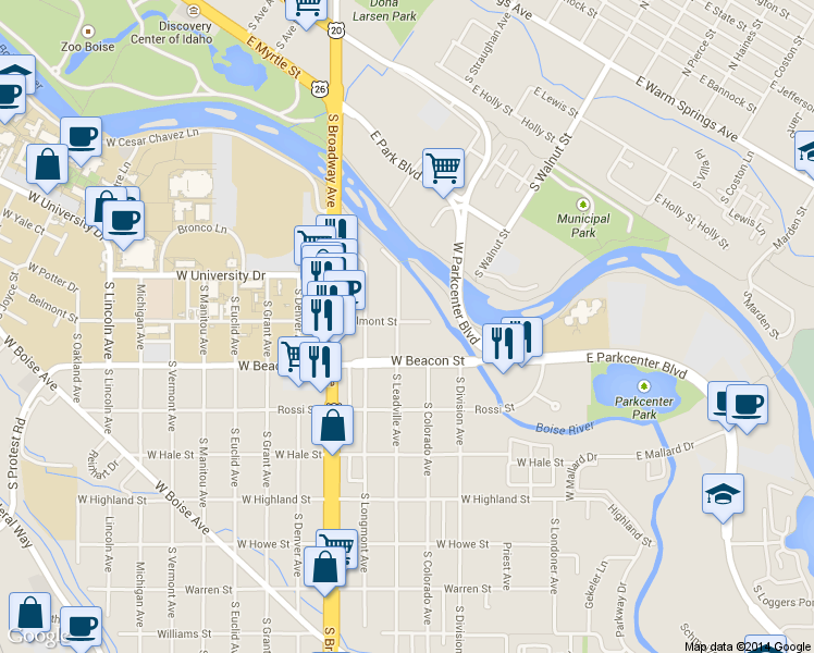 map of restaurants, bars, coffee shops, grocery stores, and more near 1161 South Colorado Avenue in Boise