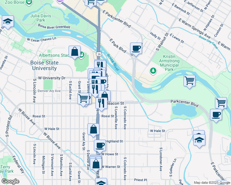 map of restaurants, bars, coffee shops, grocery stores, and more near 1119 South Leadville Avenue in Boise