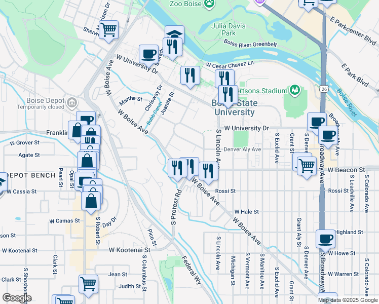map of restaurants, bars, coffee shops, grocery stores, and more near 1980 West Boise Avenue in Boise