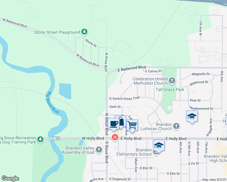 map of restaurants, bars, coffee shops, grocery stores, and more near 112 East Switch Grass Trail in Brandon