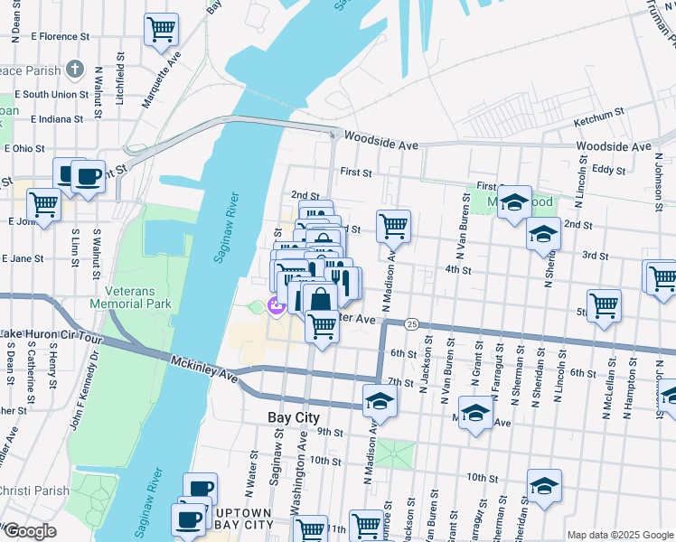map of restaurants, bars, coffee shops, grocery stores, and more near 311 5th Street in Bay City