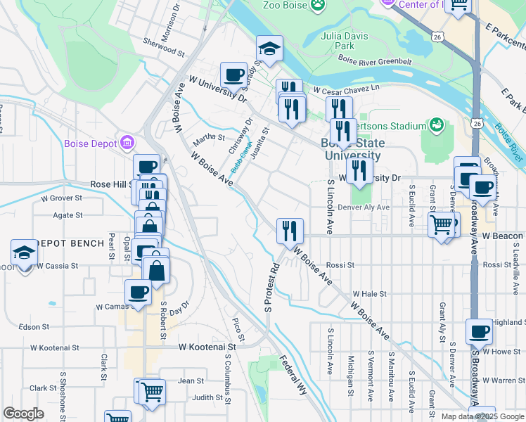 map of restaurants, bars, coffee shops, grocery stores, and more near 1724 South Joyce Street in Boise