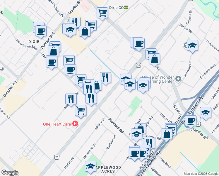 map of restaurants, bars, coffee shops, grocery stores, and more near 1185 Queensway East in Mississauga