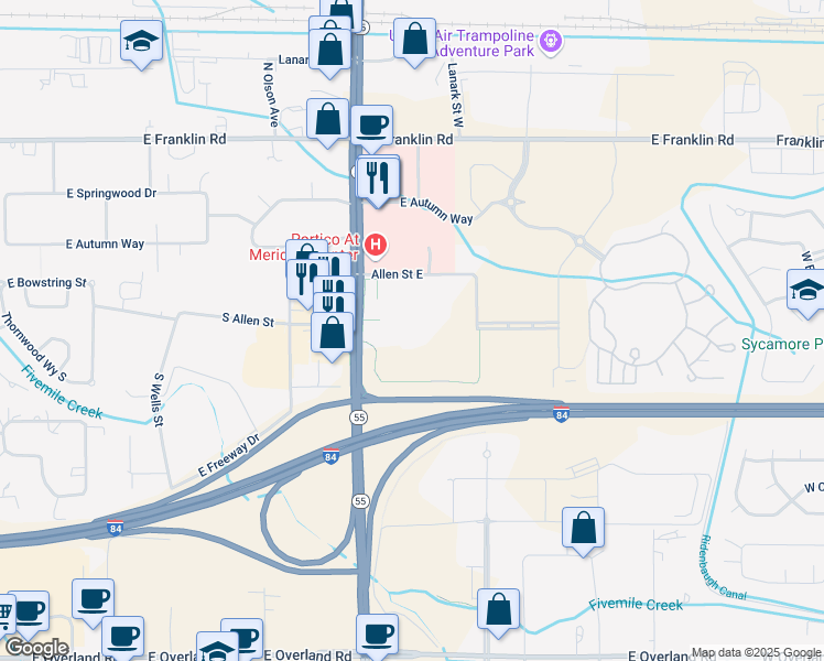map of restaurants, bars, coffee shops, grocery stores, and more near 520 South Eagle Road in Meridian