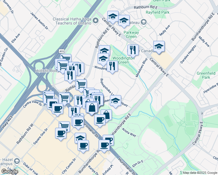 map of restaurants, bars, coffee shops, grocery stores, and more near 4127 Bishopstoke Lane in Mississauga