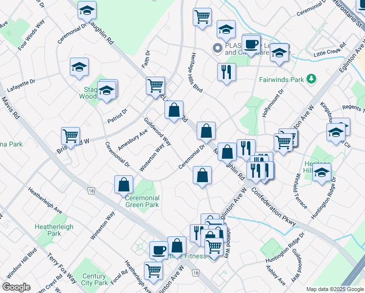 map of restaurants, bars, coffee shops, grocery stores, and more near 5170 Sundial Court in Mississauga