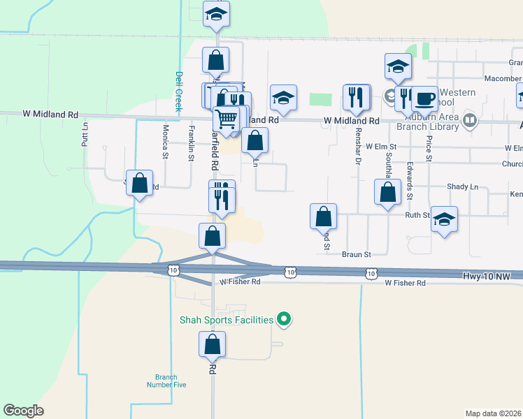 map of restaurants, bars, coffee shops, grocery stores, and more near 4949 Garfield Road in Auburn