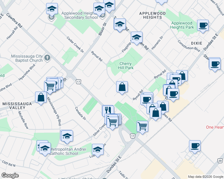 map of restaurants, bars, coffee shops, grocery stores, and more near in Mississauga