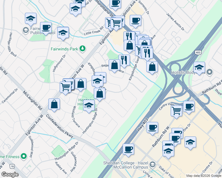 map of restaurants, bars, coffee shops, grocery stores, and more near 229 Kingsbridge Garden Circle in Mississauga