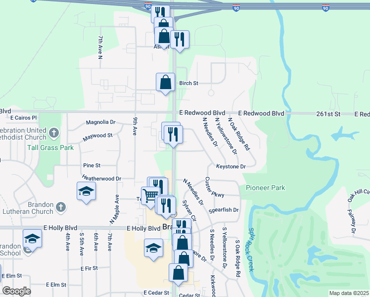 map of restaurants, bars, coffee shops, grocery stores, and more near 1312 Keystone Drive in Brandon
