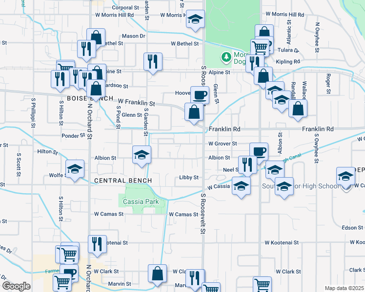 map of restaurants, bars, coffee shops, grocery stores, and more near 4312 Albion Street in Boise