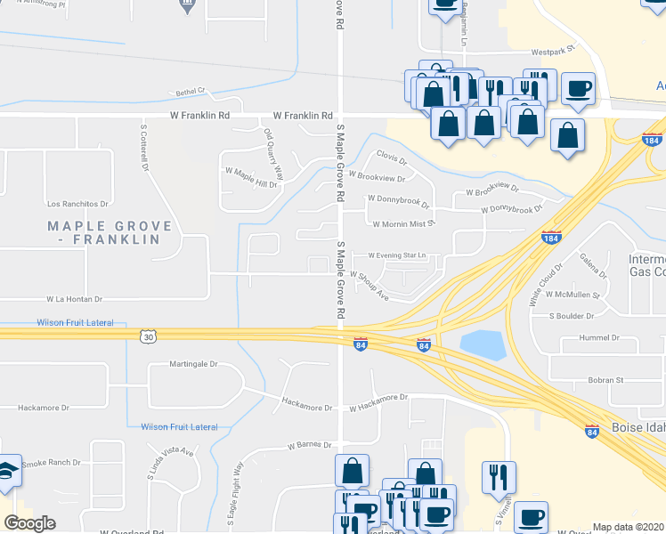 map of restaurants, bars, coffee shops, grocery stores, and more near 9043 West Shoup Avenue in Boise