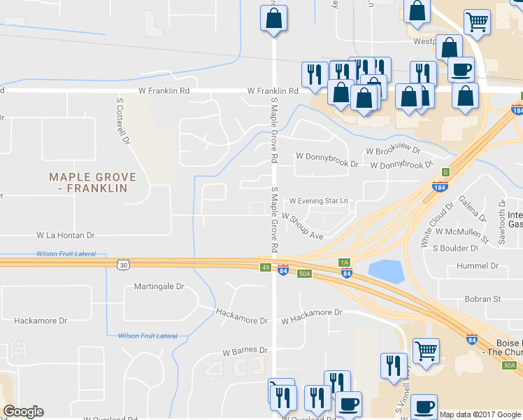 map of restaurants, bars, coffee shops, grocery stores, and more near 9043 West Shoup Avenue in Boise