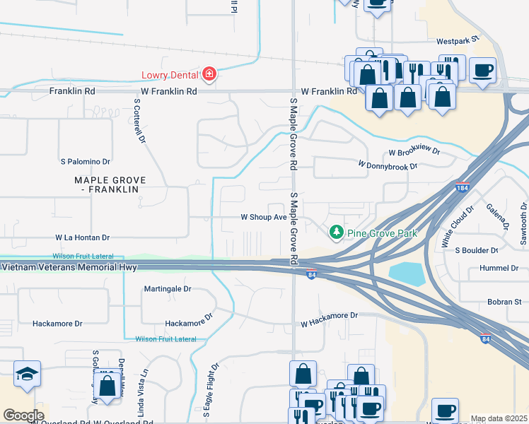 map of restaurants, bars, coffee shops, grocery stores, and more near 9195 West Shoup Avenue in Boise
