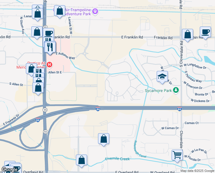 map of restaurants, bars, coffee shops, grocery stores, and more near E Promenade St in Meridian