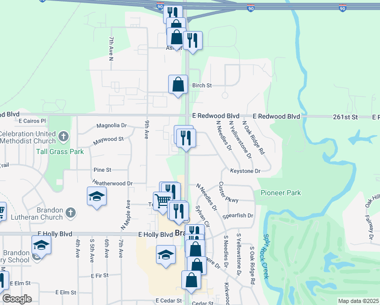 map of restaurants, bars, coffee shops, grocery stores, and more near 400 North Splitrock Boulevard in Brandon