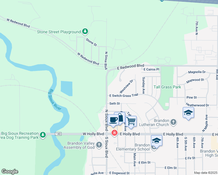 map of restaurants, bars, coffee shops, grocery stores, and more near 112 East Switch Grass Trail in Brandon
