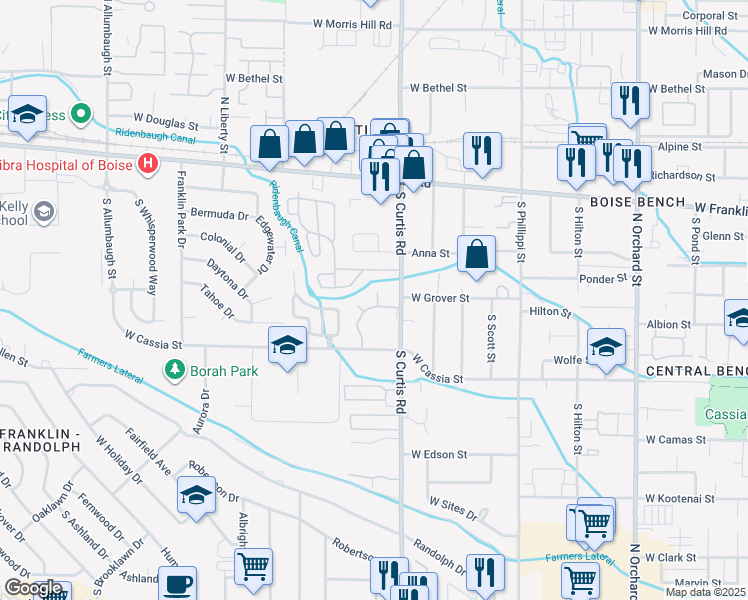 map of restaurants, bars, coffee shops, grocery stores, and more near 507 South Curtis Road in Boise
